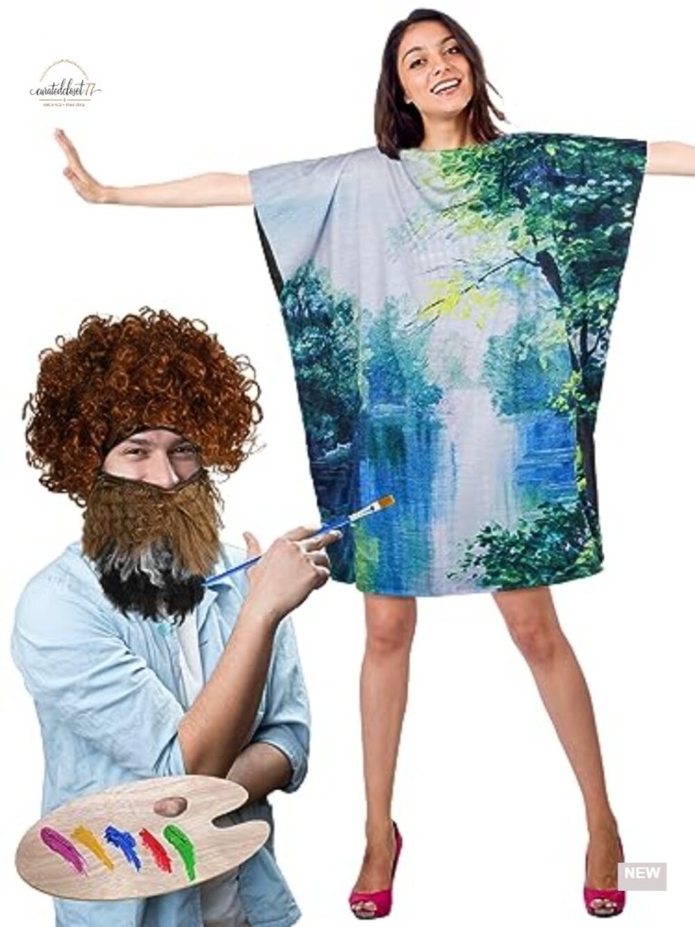 Women's 80s Painter Costume Dress Kit with Afro Wig & Palette Halloween